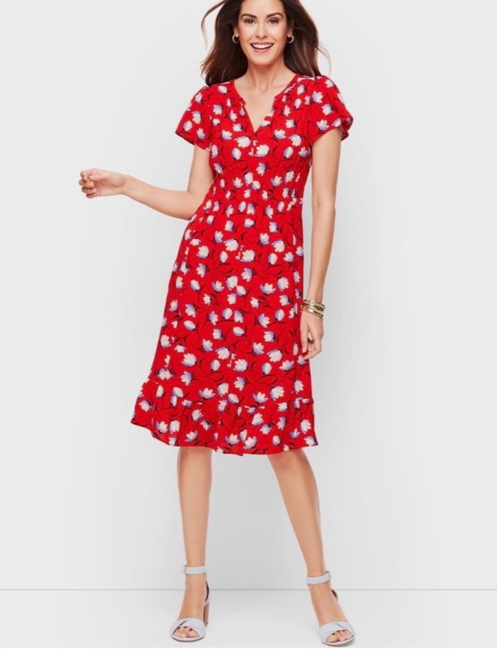 Talbots Red Floral Flutter Sleeve Flounce Hem 12P